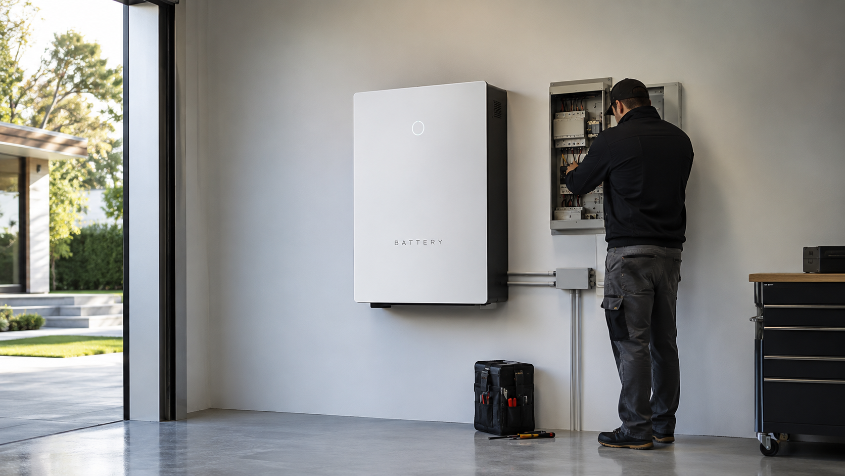 Thuisbatterij aan de muur, geïnstalleerd in een woning